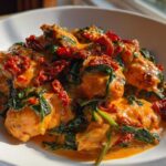 Close-up of One-Pot Creamy Sun-Dried Tomato Chicken with spinach and vibrant sauce in a white bowl.