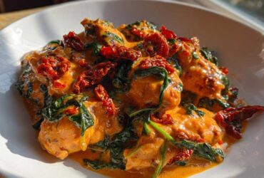 Close-up of One-Pot Creamy Sun-Dried Tomato Chicken with spinach and vibrant sauce in a white bowl.