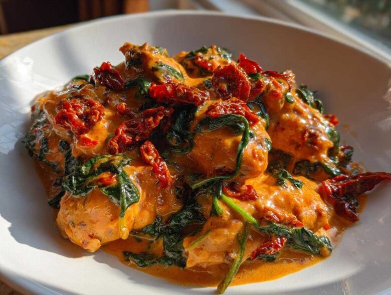 Close-up of One-Pot Creamy Sun-Dried Tomato Chicken with spinach and vibrant sauce in a white bowl.