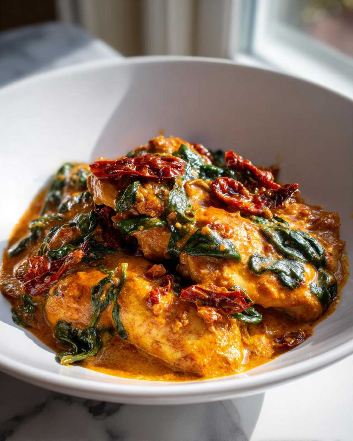 Close-up of chicken breasts smothered in creamy, orange sauce with spinach and sun-dried tomatoes: One-Pot Creamy Sun-Dried Tomato Chicken.