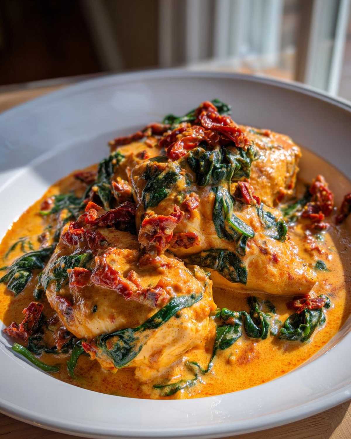Two pieces of chicken breast smothered in a rich, creamy, orange-hued sauce with wilted spinach and sun-dried tomatoes, part of the One-Pot Creamy Sun-Dried Tomato Chicken.