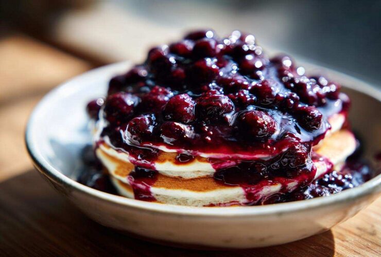 A stack of fluffy pancakes generously covered with rich, glossy homemade blueberry syrup.