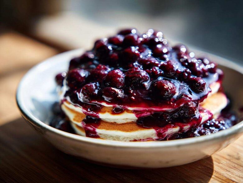 A stack of fluffy pancakes generously covered with rich, glossy homemade blueberry syrup.