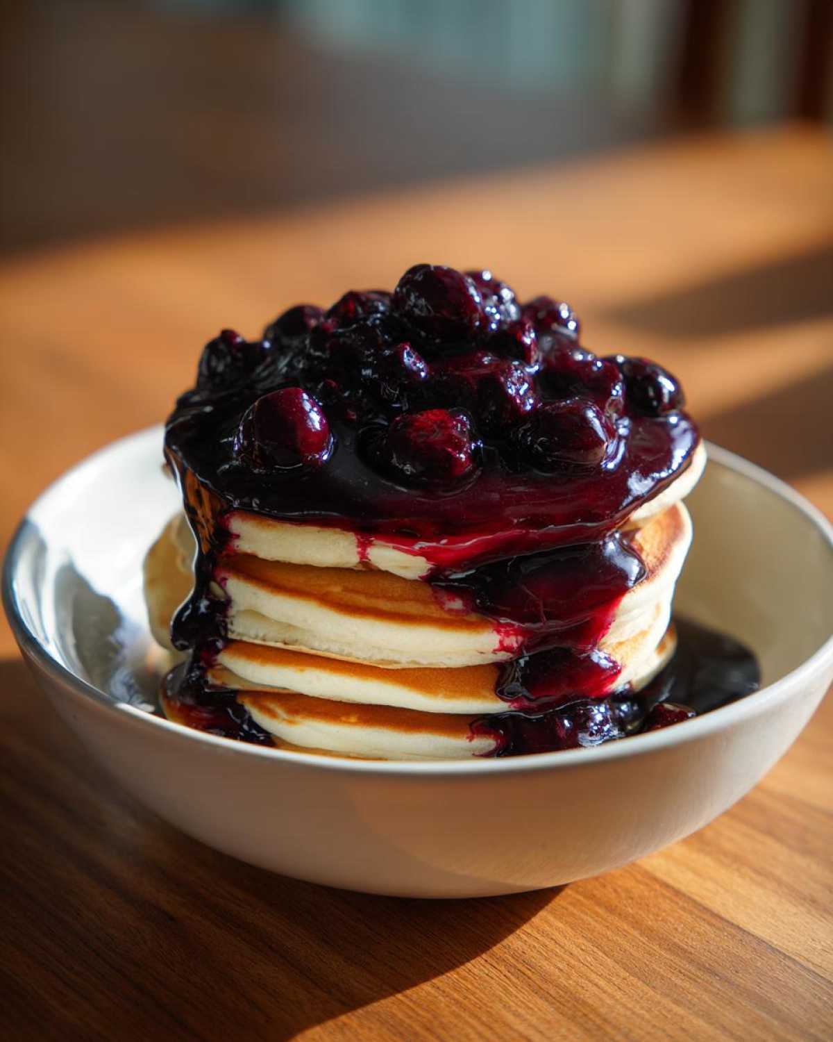 Stack of fluffy pancakes generously topped with thick Homemade Blueberry Syrup and whole berries.