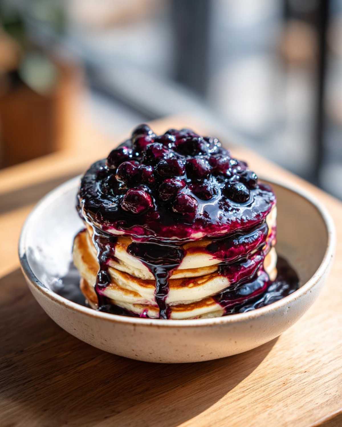 A stack of fluffy pancakes generously topped with rich, glossy Homemade Blueberry Syrup and whole berries.