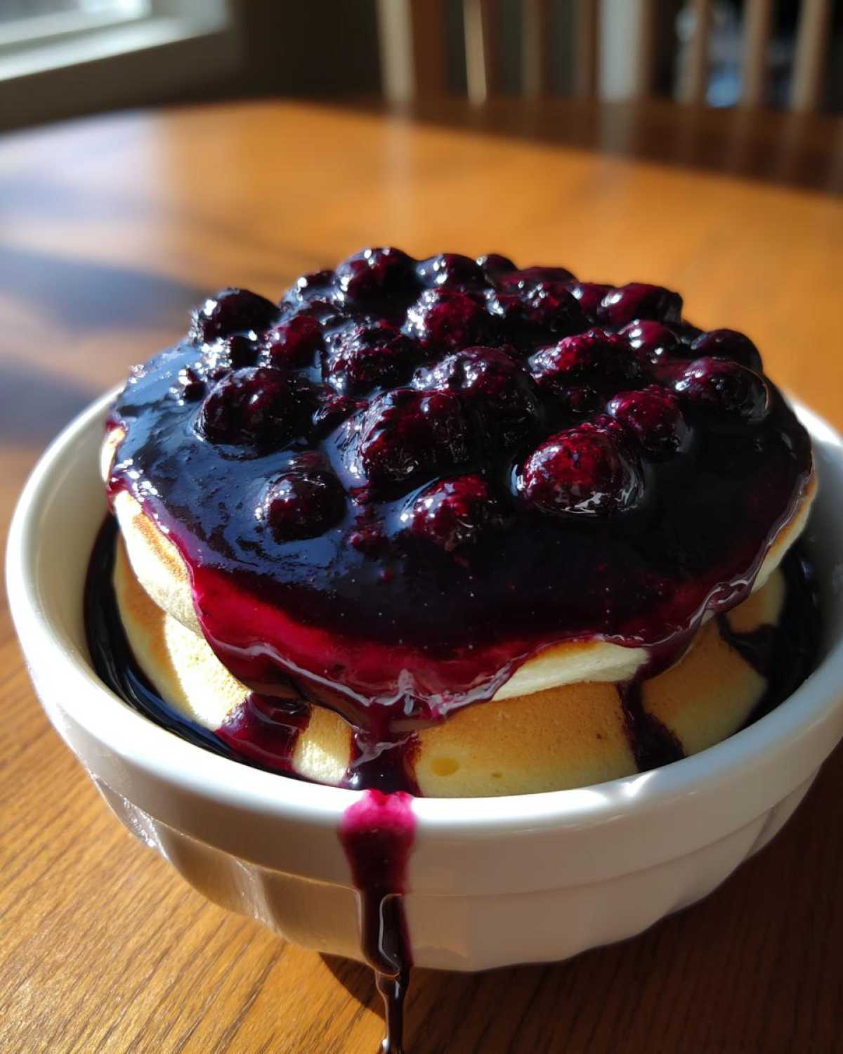 Fluffy pancakes smothered in thick, rich Homemade Blueberry Syrup served in a white bowl.