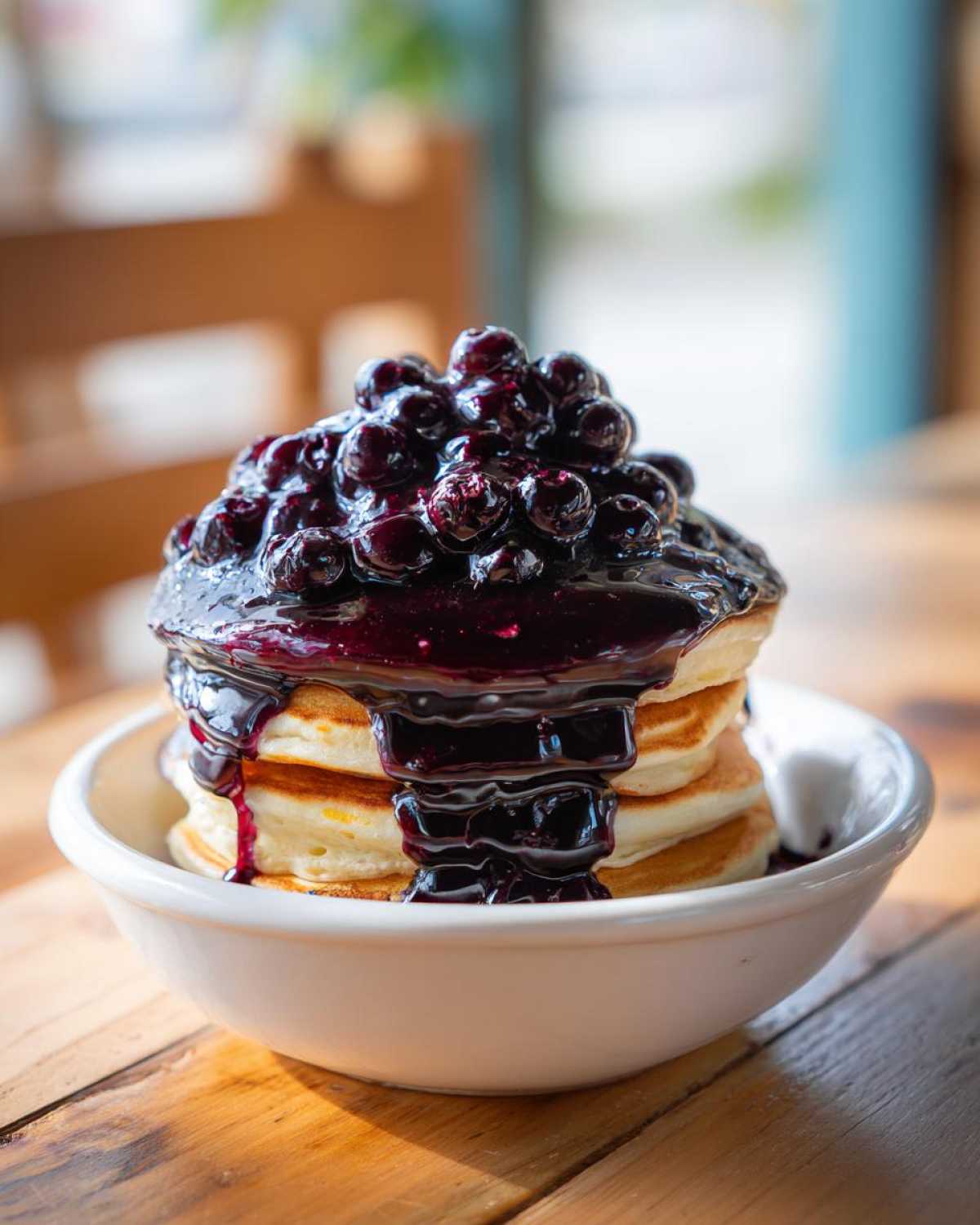 Stack of fluffy pancakes generously topped with whole blueberries and rich Homemade Blueberry Syrup.