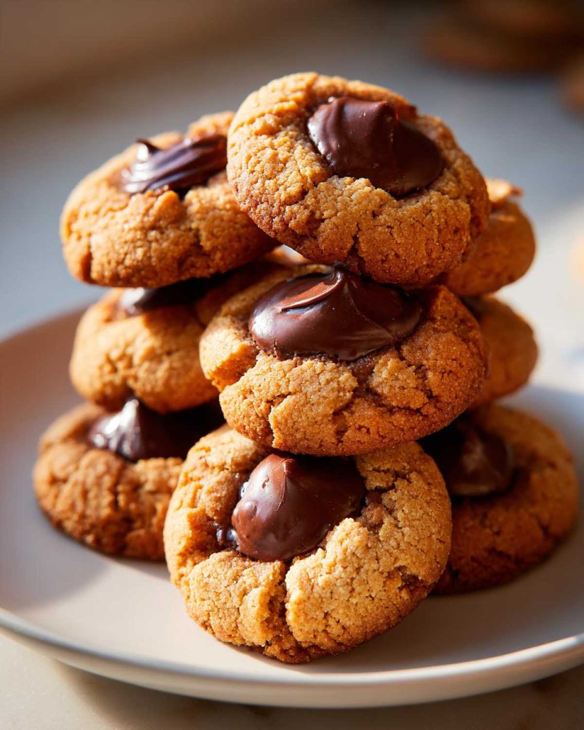 A close-up stack of freshly baked Peanut Butter Blossom Cookies topped with melted chocolate kisses.