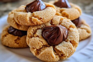 A stack of freshly baked Peanut Butter Blossom Cookies topped with melted chocolate kisses on a white plate.