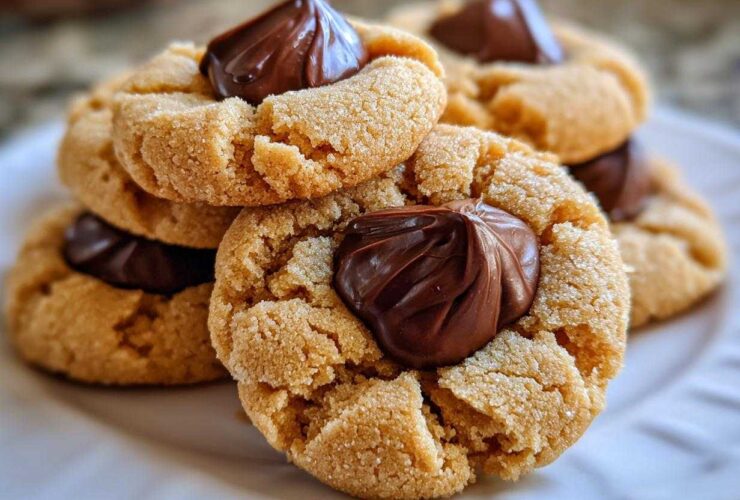 A stack of freshly baked Peanut Butter Blossom Cookies topped with melted chocolate kisses on a white plate.