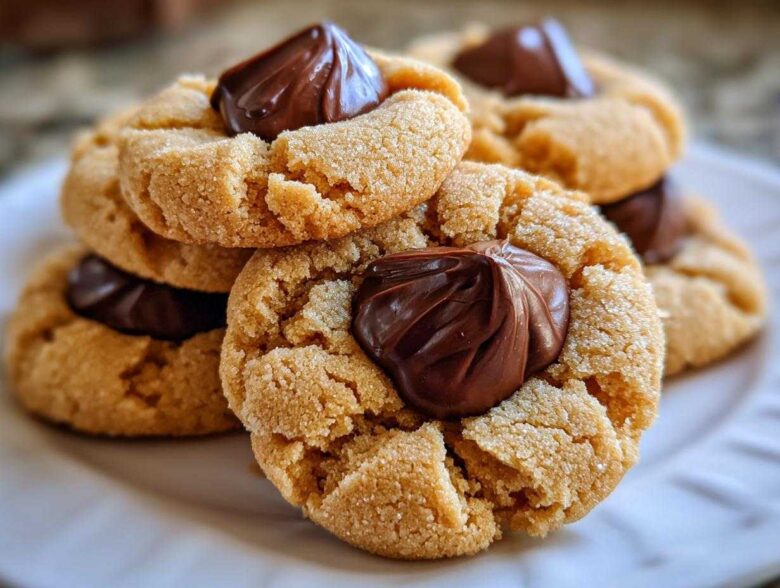 A stack of freshly baked Peanut Butter Blossom Cookies topped with melted chocolate kisses on a white plate.