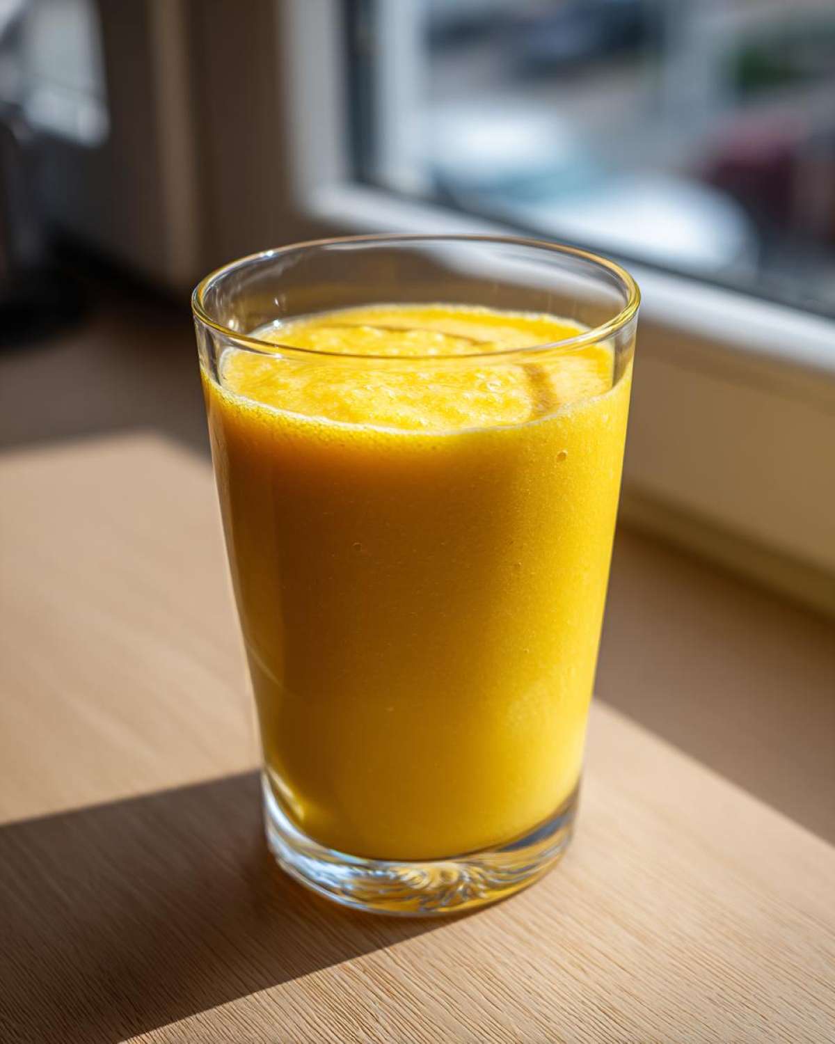 A tall glass filled with a vibrant yellow Pineapple Coconut Smoothie sitting on a wooden surface near a window.