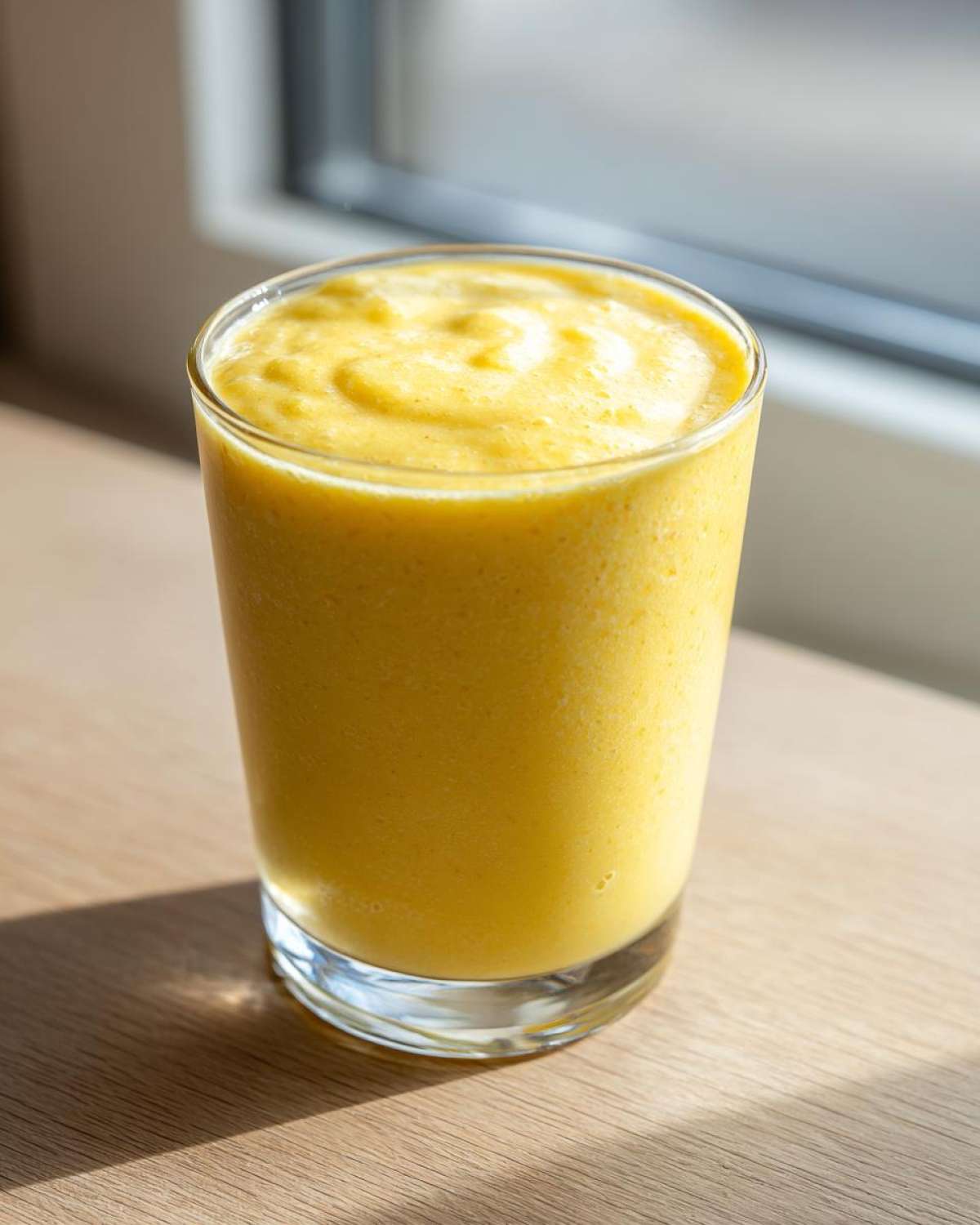 A vibrant, thick Pineapple Coconut Smoothie served in a clear glass on a wooden surface near a window.