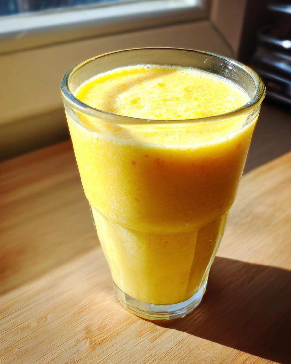 A tall glass filled with a vibrant yellow Pineapple Coconut Smoothie, sitting on a wooden surface in bright sunlight.