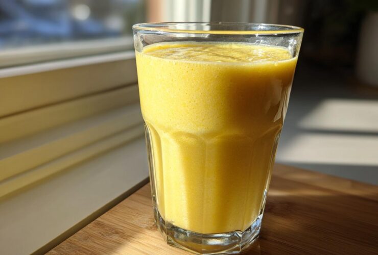 A tall glass filled with a vibrant yellow Pineapple Coconut Smoothie sitting on a wooden surface near a window.