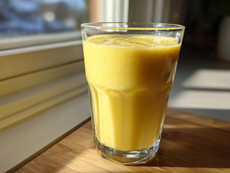 A tall glass filled with a vibrant yellow Pineapple Coconut Smoothie sitting on a wooden surface near a window.