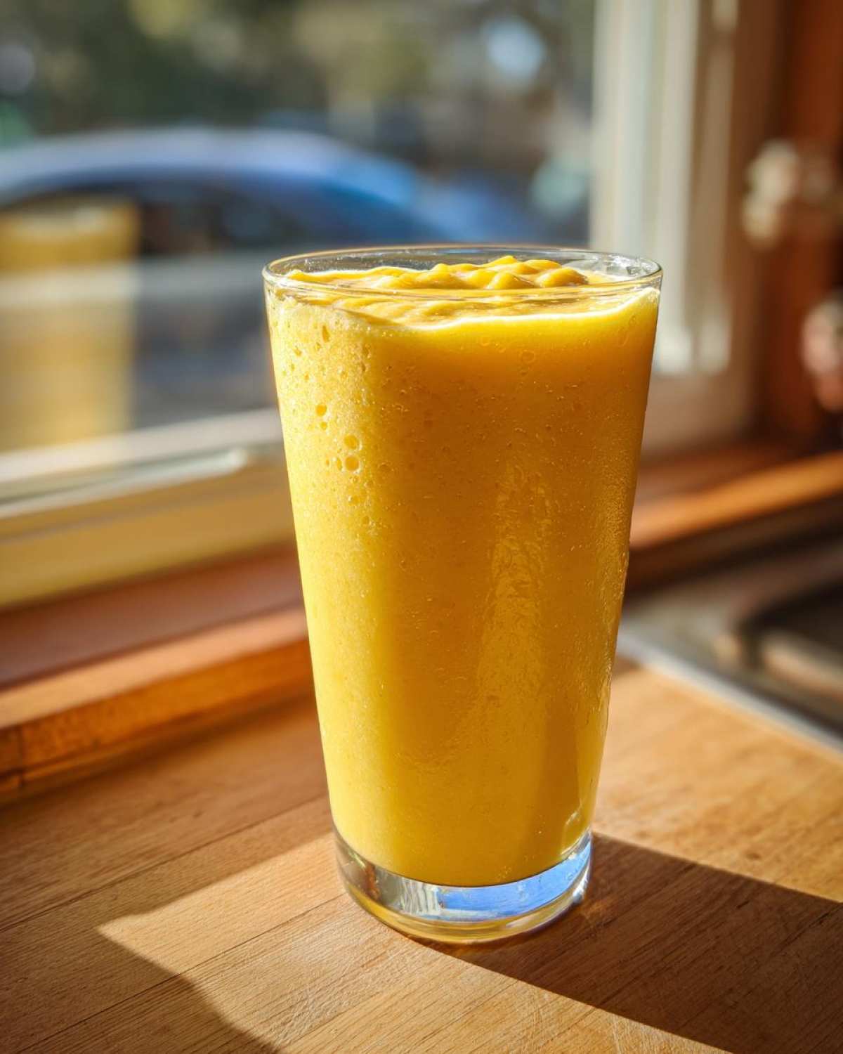 A tall glass filled with a vibrant yellow Pineapple Coconut Smoothie sitting on a wooden counter near a bright window.