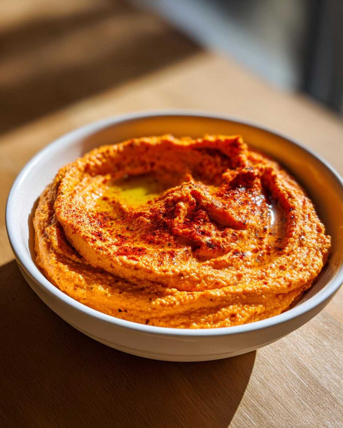 A close-up of creamy Roasted Red Pepper Hummus, swirled and drizzled with olive oil and paprika.