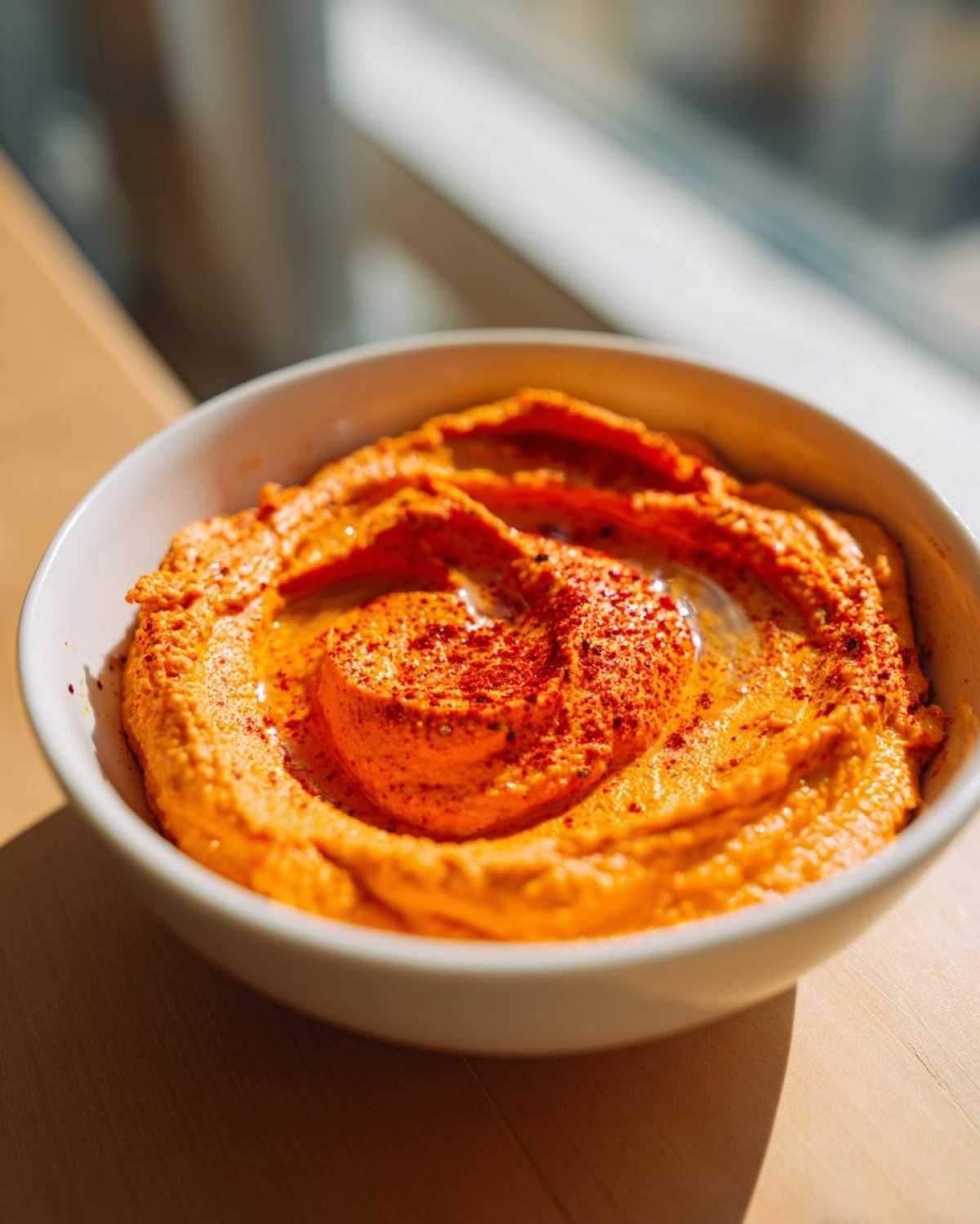 A close-up of vibrant orange Roasted Red Pepper Hummus swirled in a white bowl, drizzled with oil and sprinkled with paprika.