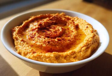 A close-up of creamy Roasted Red Pepper Hummus swirled in a white bowl, drizzled with olive oil and sprinkled with paprika.