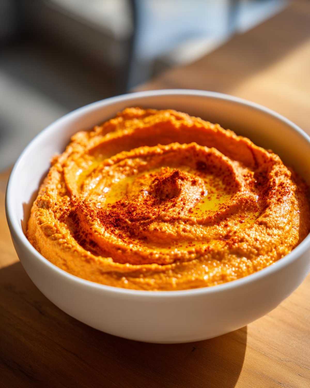 Close-up of creamy Roasted Red Pepper Hummus swirled in a white bowl, drizzled with olive oil and sprinkled with paprika.