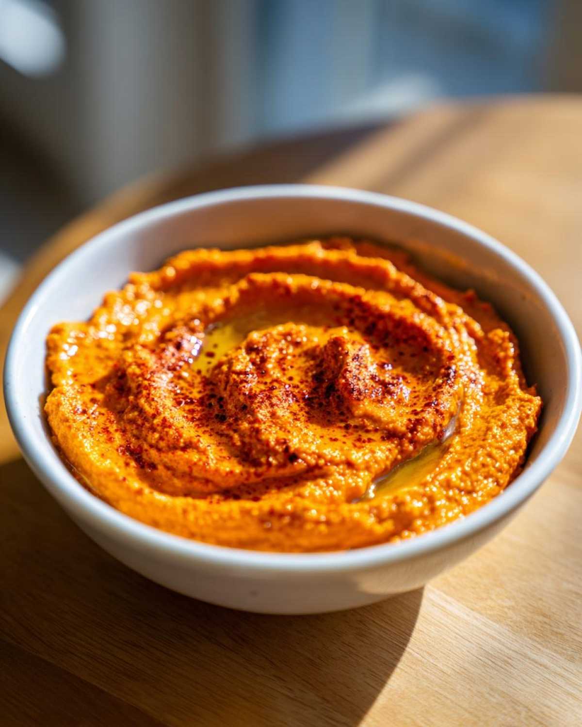 A close-up of vibrant orange Roasted Red Pepper Hummus swirled in a white bowl, drizzled with olive oil and sprinkled with paprika.