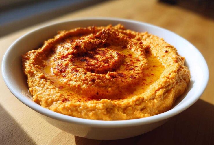 A close-up of creamy Roasted Red Pepper Hummus swirled in a white bowl, drizzled with olive oil and sprinkled with paprika.