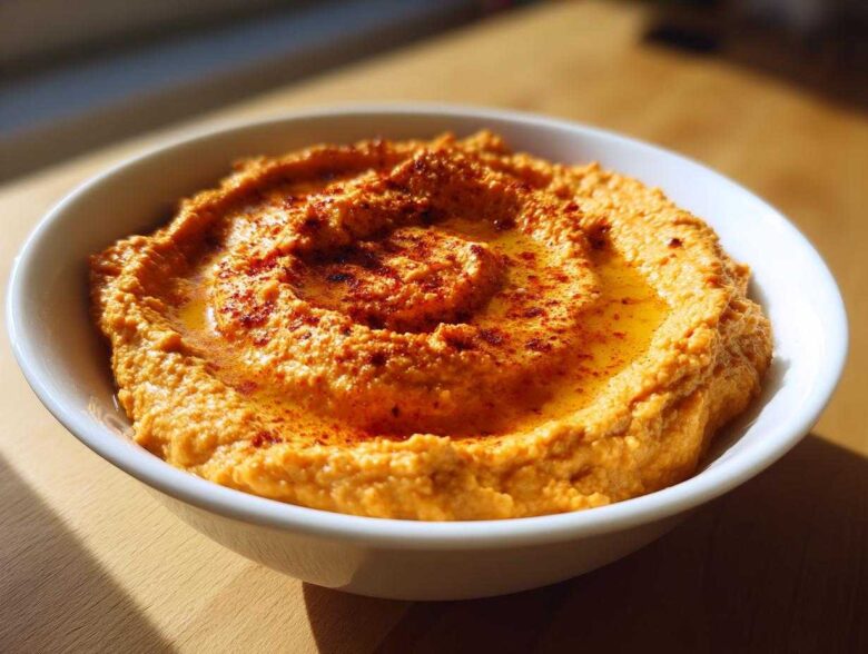 A close-up of creamy Roasted Red Pepper Hummus swirled in a white bowl, drizzled with olive oil and sprinkled with paprika.