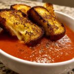 Close-up of a bowl of Roasted Tomato Basil Soup topped with golden brown grilled cheese croutons.