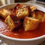 Close-up of a bowl of Roasted Tomato Basil Soup topped with golden Grilled Cheese Croutons.