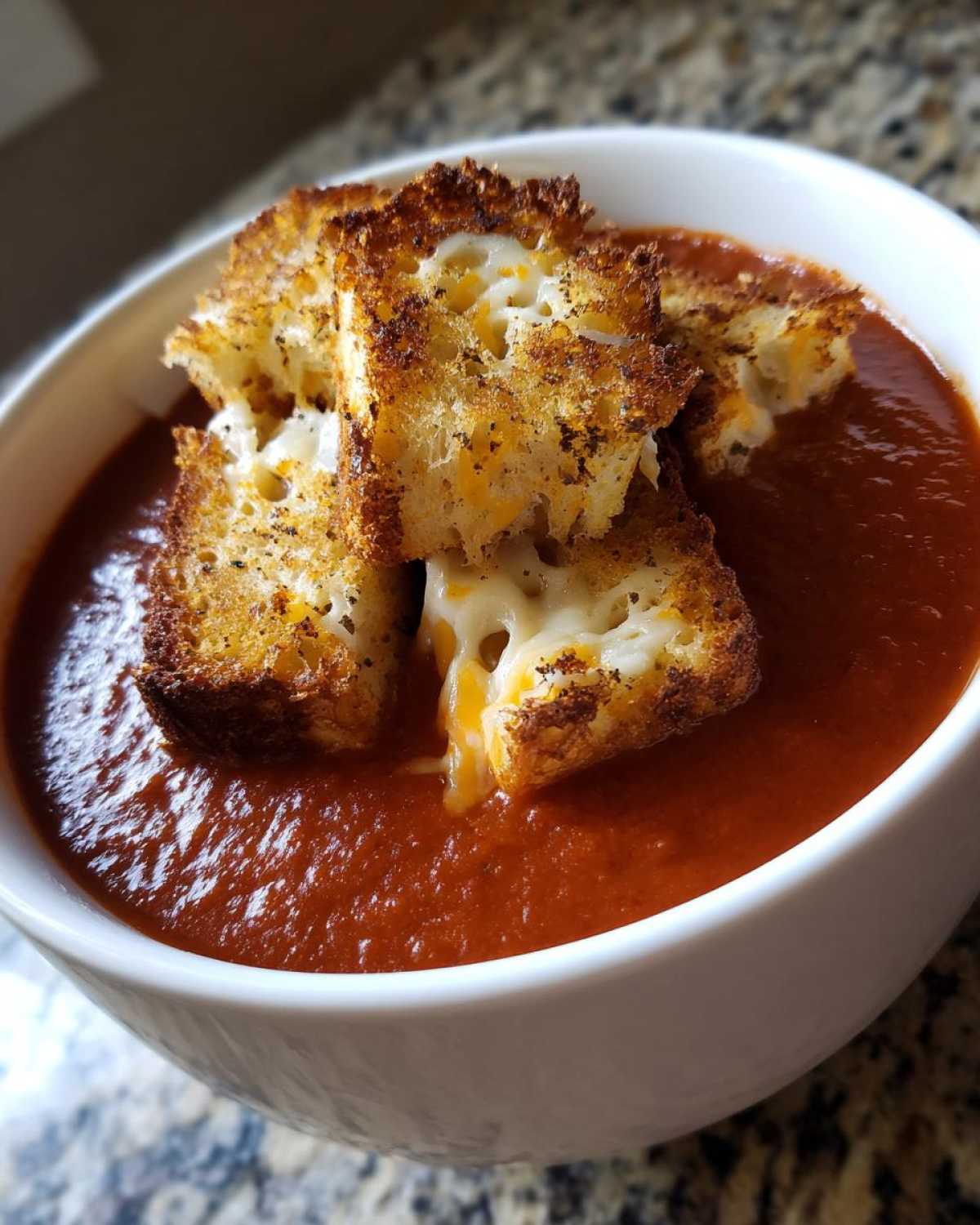 Close-up of a bowl of rich Roasted Tomato Basil Soup topped with cheesy Grilled Cheese Croutons.
