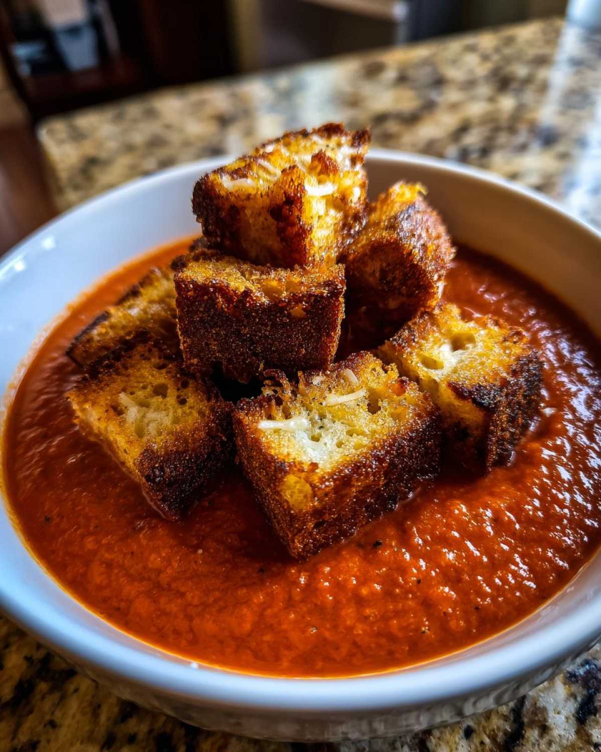 Close-up of vibrant Roasted Tomato Basil Soup topped with crispy Grilled Cheese Croutons.