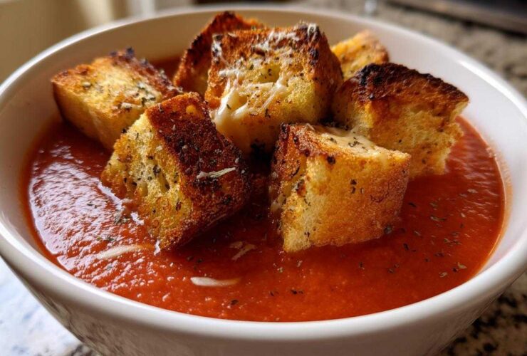 Close-up of a bowl of Roasted Tomato Basil Soup topped with golden Grilled Cheese Croutons.