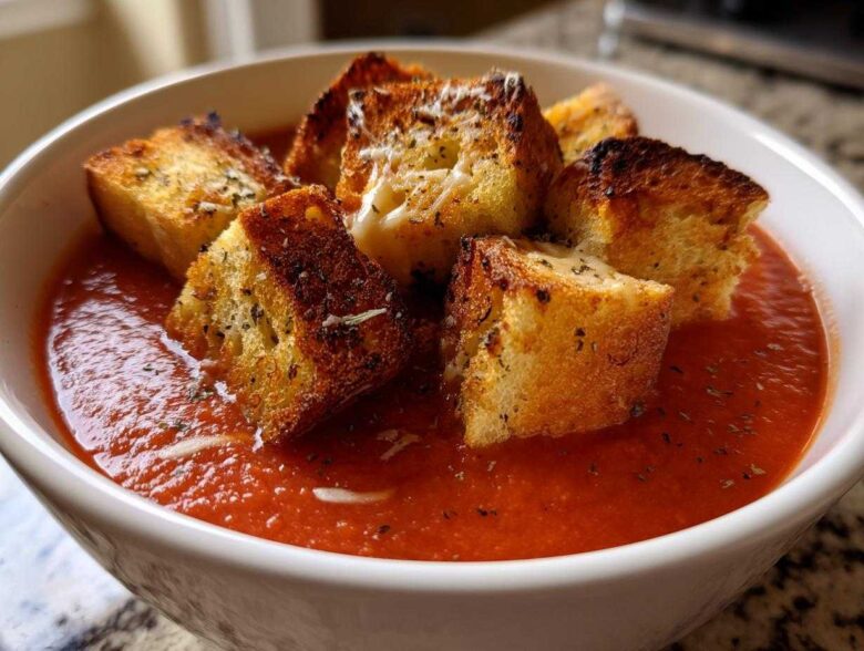 Close-up of a bowl of Roasted Tomato Basil Soup topped with golden Grilled Cheese Croutons.