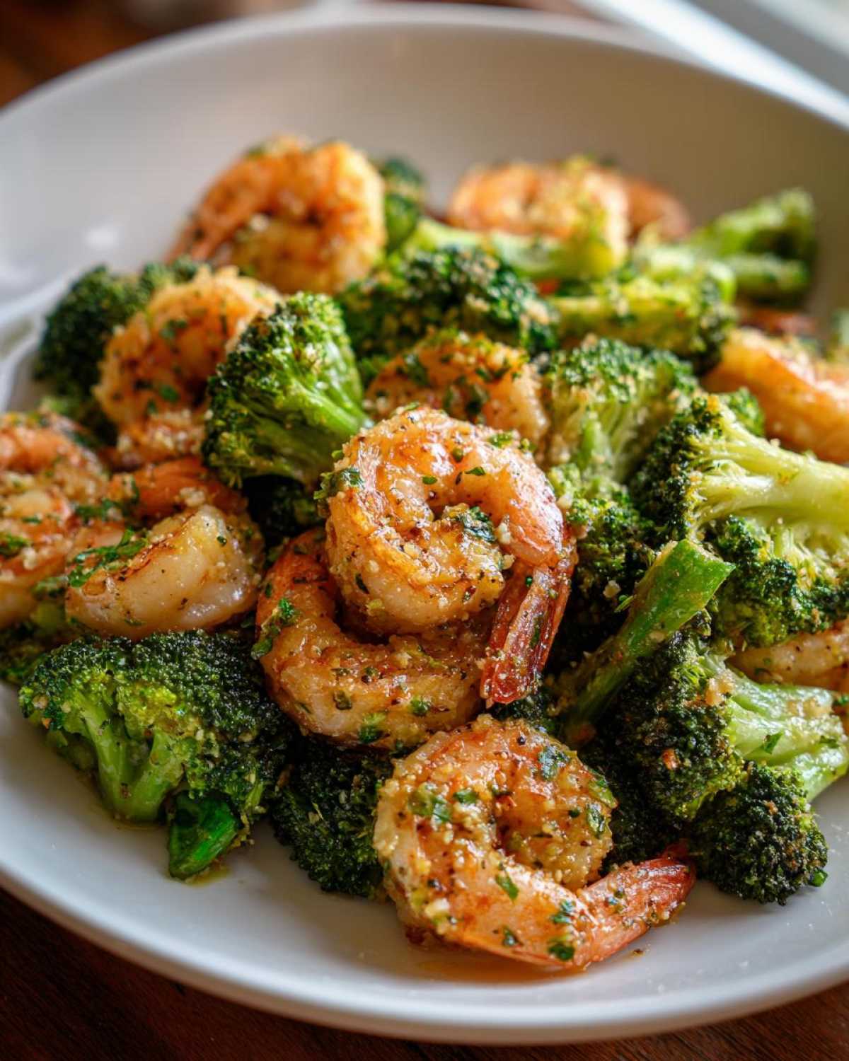 Close-up of juicy shrimp and bright green broccoli tossed in garlic butter seasoning.