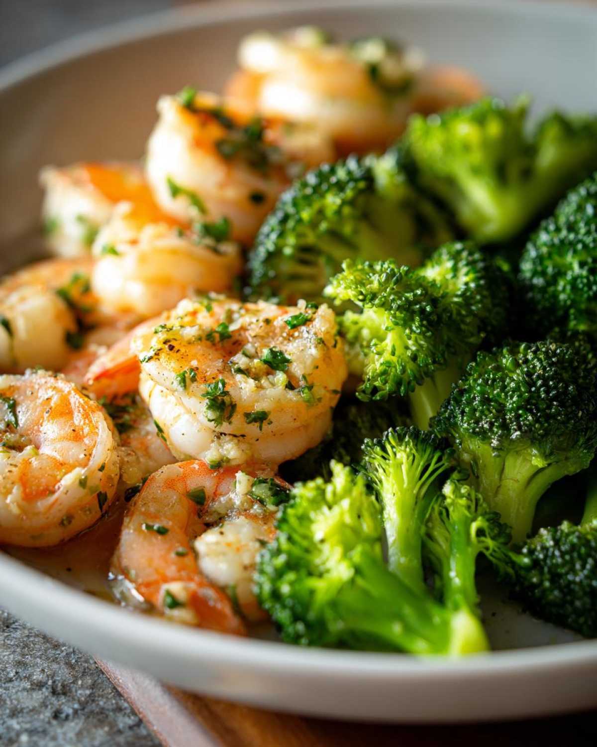 Close-up of cooked shrimp coated in garlic butter and fresh parsley next to vibrant green broccoli florets from the Sheet Pan Garlic Butter Shrimp and Broccoli.