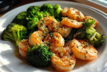 Close-up of cooked shrimp and bright green broccoli florets coated in garlic butter sauce.
