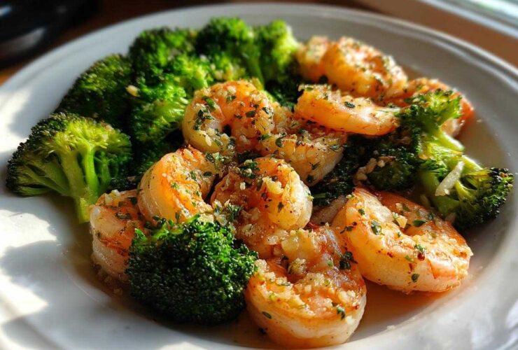 Close-up of cooked shrimp and bright green broccoli florets coated in garlic butter sauce.