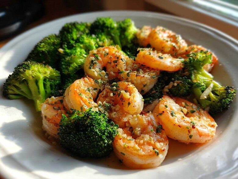 Close-up of cooked shrimp and bright green broccoli florets coated in garlic butter sauce.