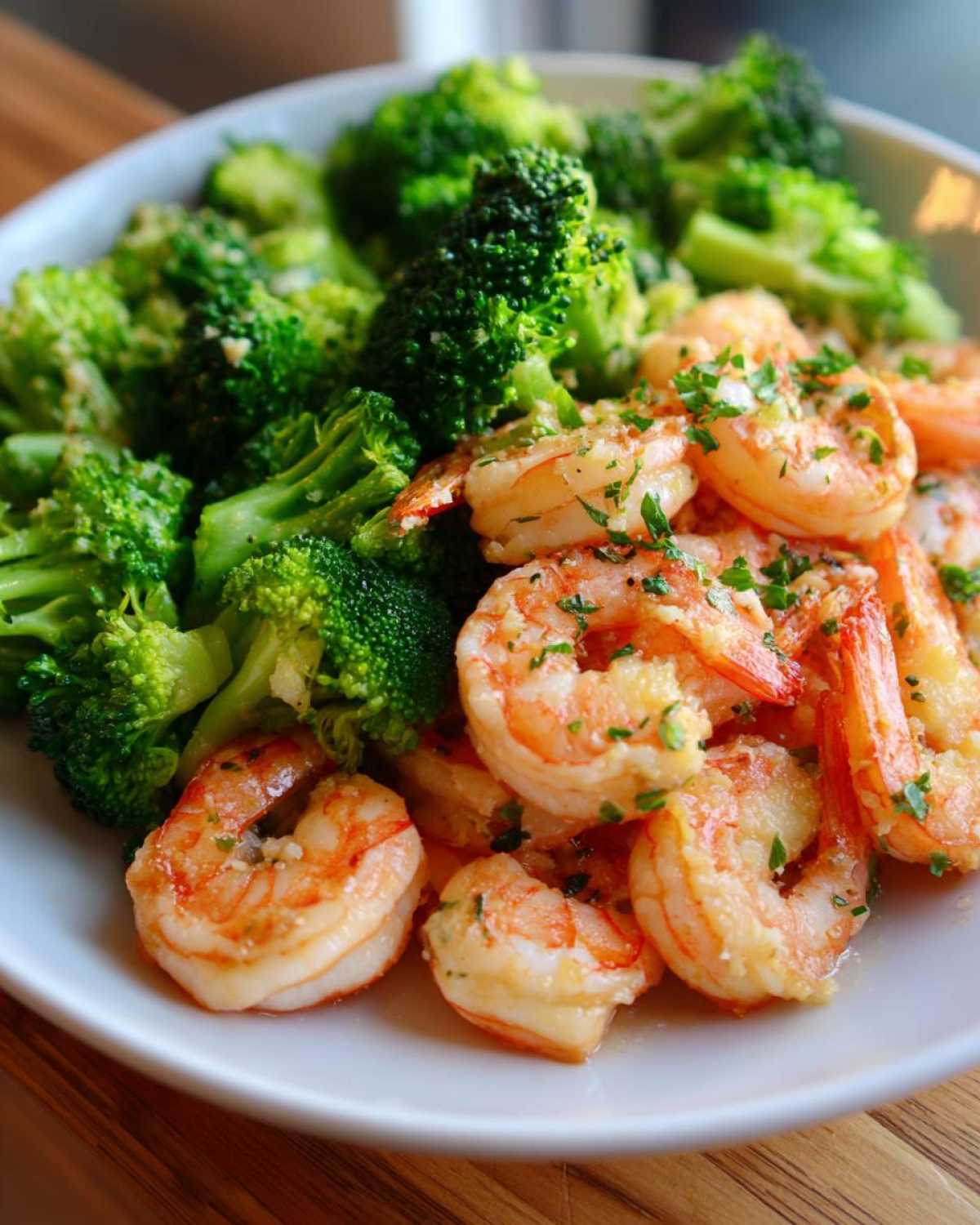 Close-up of cooked shrimp coated in garlic butter next to bright green broccoli florets, showcasing the Sheet Pan Garlic Butter Shrimp and Broccoli.