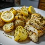 Close-up of sliced Sheet Pan Lemon Pepper Chicken and Potatoes seasoned with herbs and garnished with lemon slices.