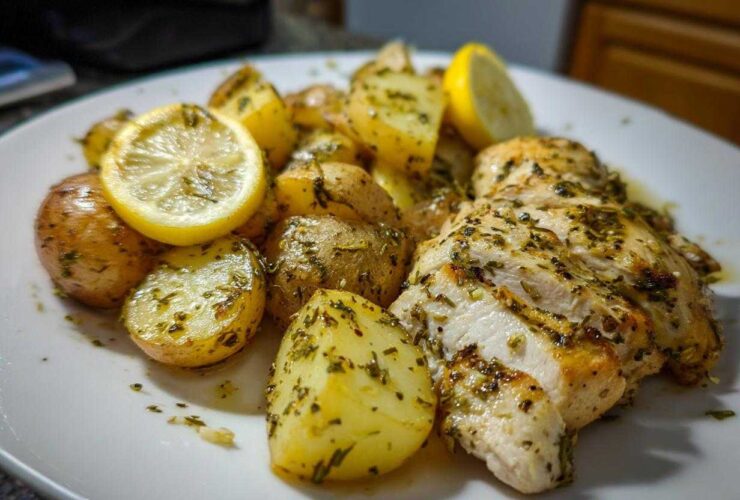 Close-up of sliced Sheet Pan Lemon Pepper Chicken and Potatoes seasoned with herbs and garnished with lemon slices.