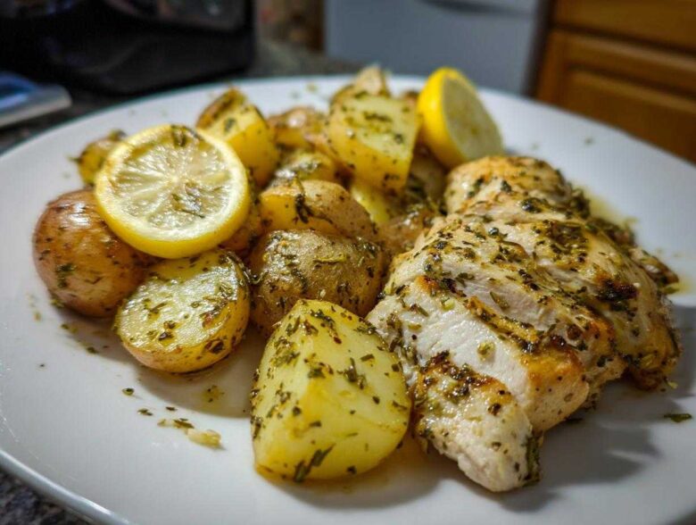 Close-up of sliced Sheet Pan Lemon Pepper Chicken and Potatoes seasoned with herbs and garnished with lemon slices.
