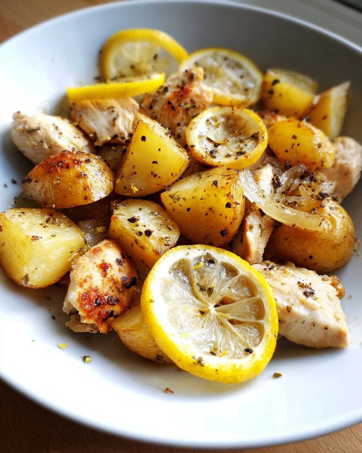 Close-up of cooked chicken pieces, roasted potatoes, and lemon slices seasoned with pepper.