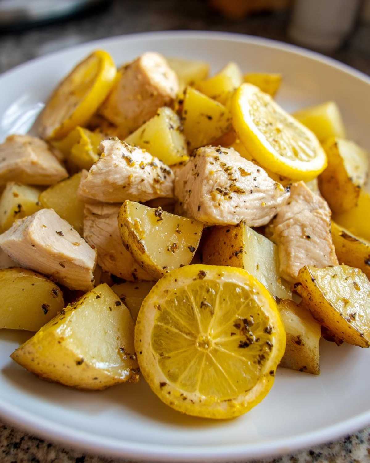 Close-up of cooked chicken pieces and roasted potatoes seasoned with pepper, garnished with lemon slices for Sheet Pan Lemon Pepper Chicken and Potatoes.