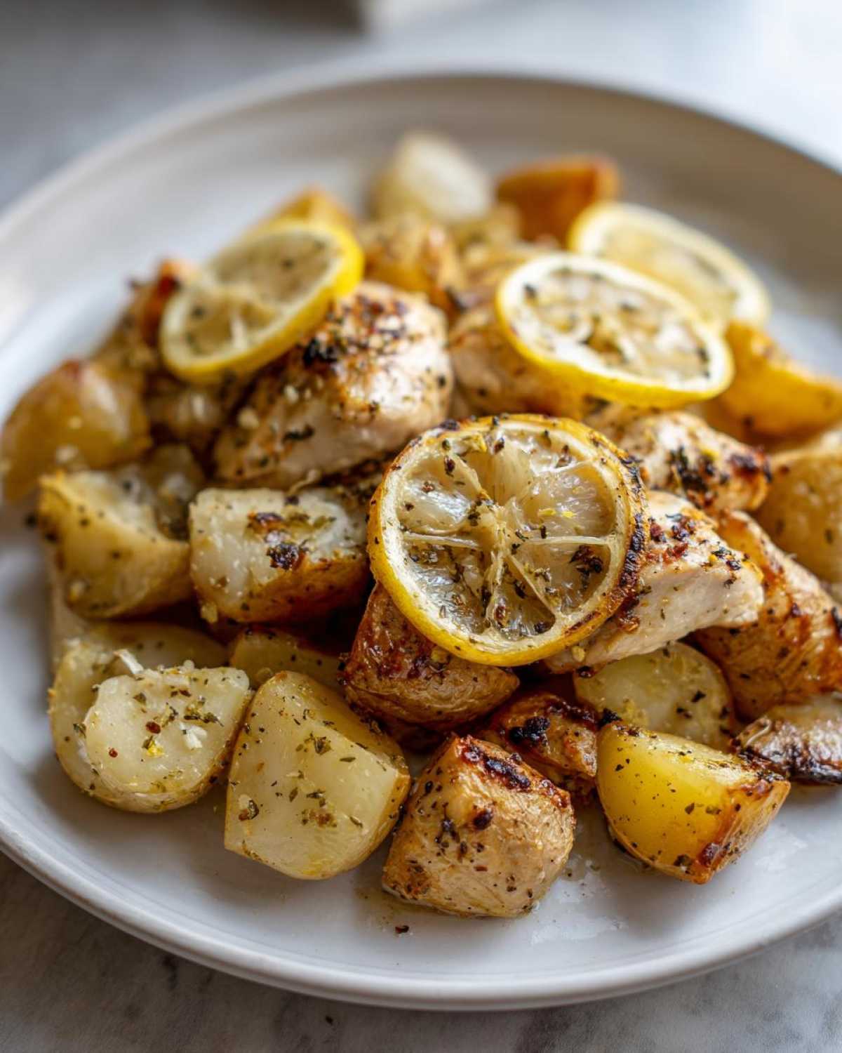 Close-up of Sheet Pan Lemon Pepper Chicken and Potatoes served on a white plate, garnished with lemon slices.