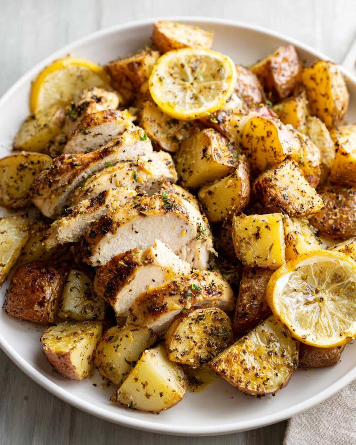 Close-up of sliced Sheet Pan Lemon Pepper Chicken and Potatoes served with roasted lemon slices.