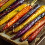 Close-up of glistening Sheet Pan Roasted Rainbow Carrots with Honey, showing purple, yellow, and orange varieties.