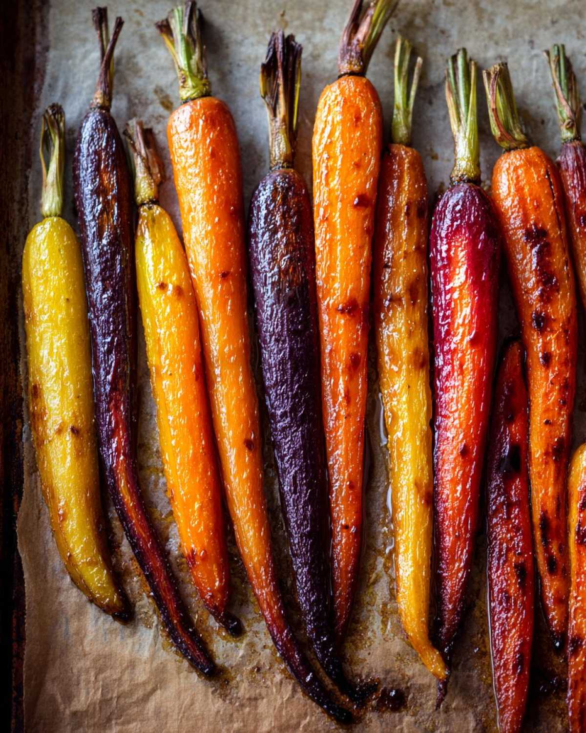 Close-up of Sheet Pan Roasted Rainbow Carrots with Honey, showing glazed, caramelized orange, yellow, and purple carrots.