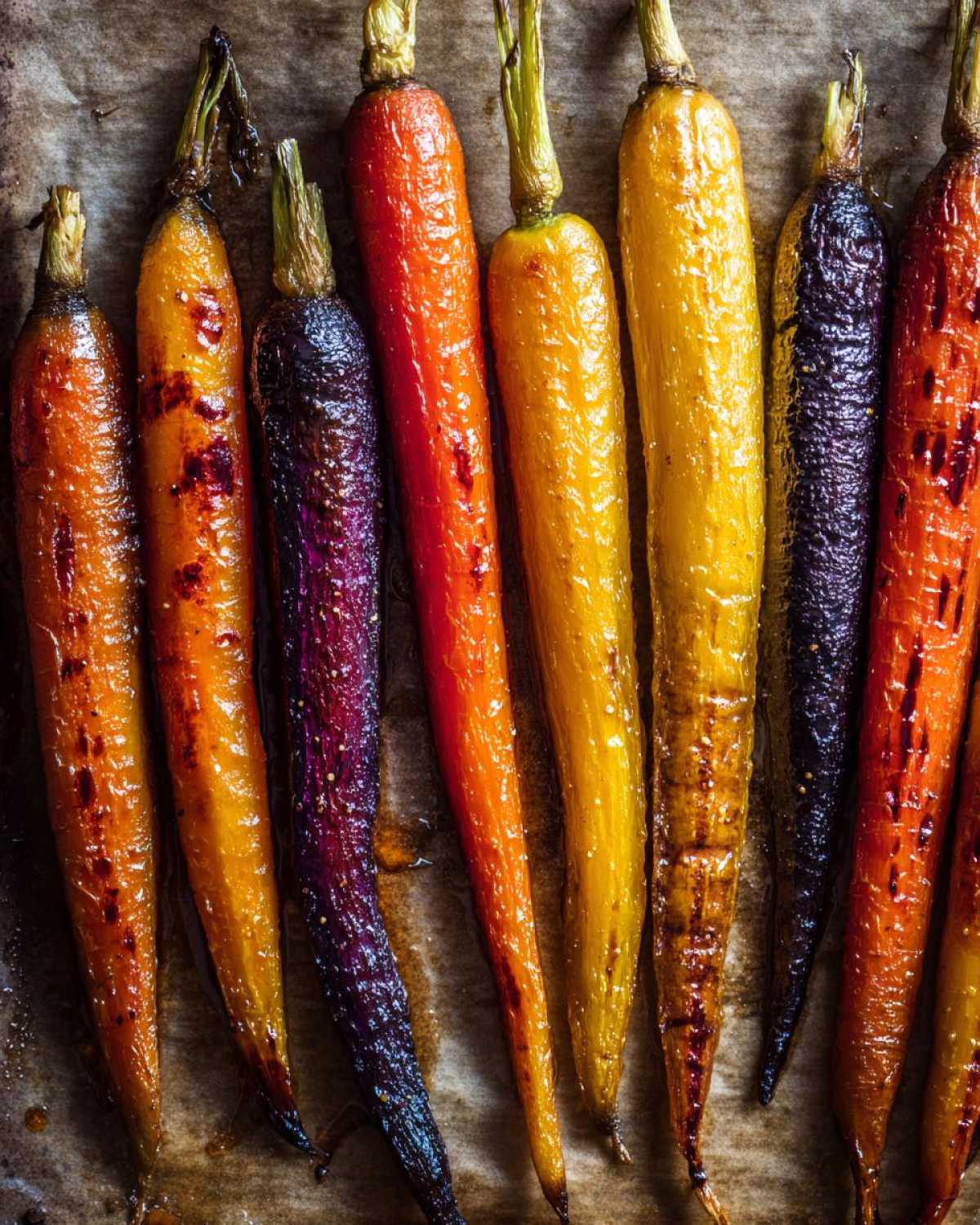 Close-up of glistening Sheet Pan Roasted Rainbow Carrots with Honey, showing orange, yellow, and purple varieties on parchment paper.